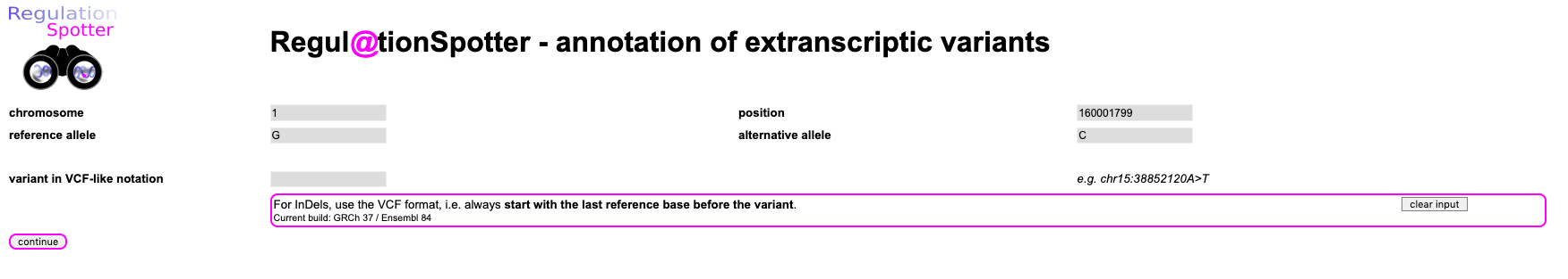 Screenshot of the input for querying a single variant