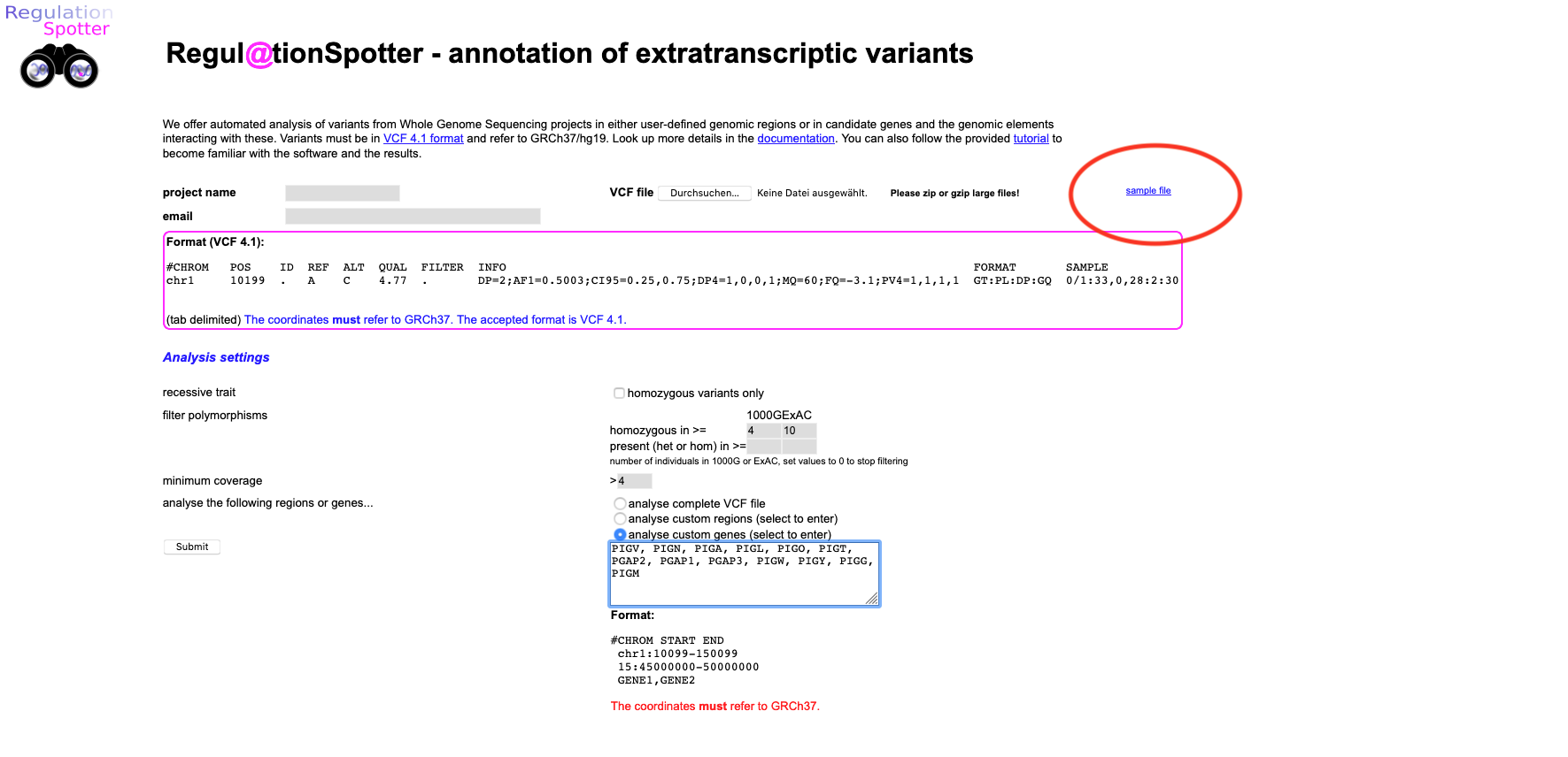 Screenshot of the web page to upload a vcf file to RegulationSpotter