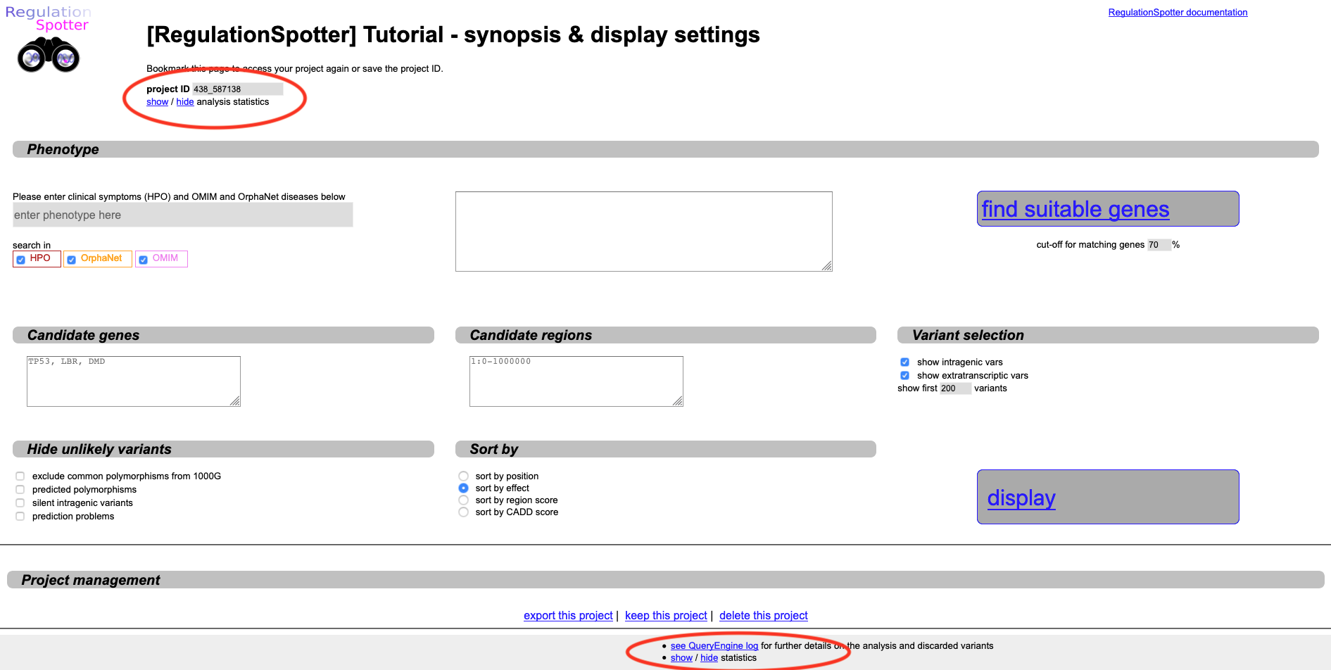 Screenshot of the landing page after analysing a vcf file with RegulationSpotter